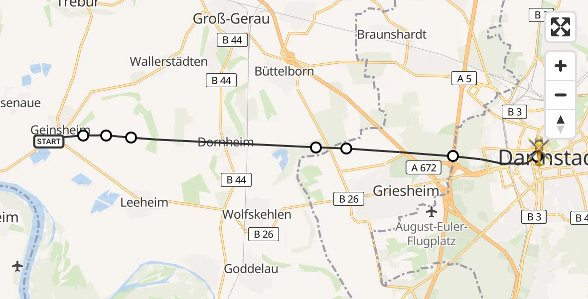 Flugroute Rettungshubschrauber Trebur - Darmstadt Hospital, 05 Juli 2026, 15:12