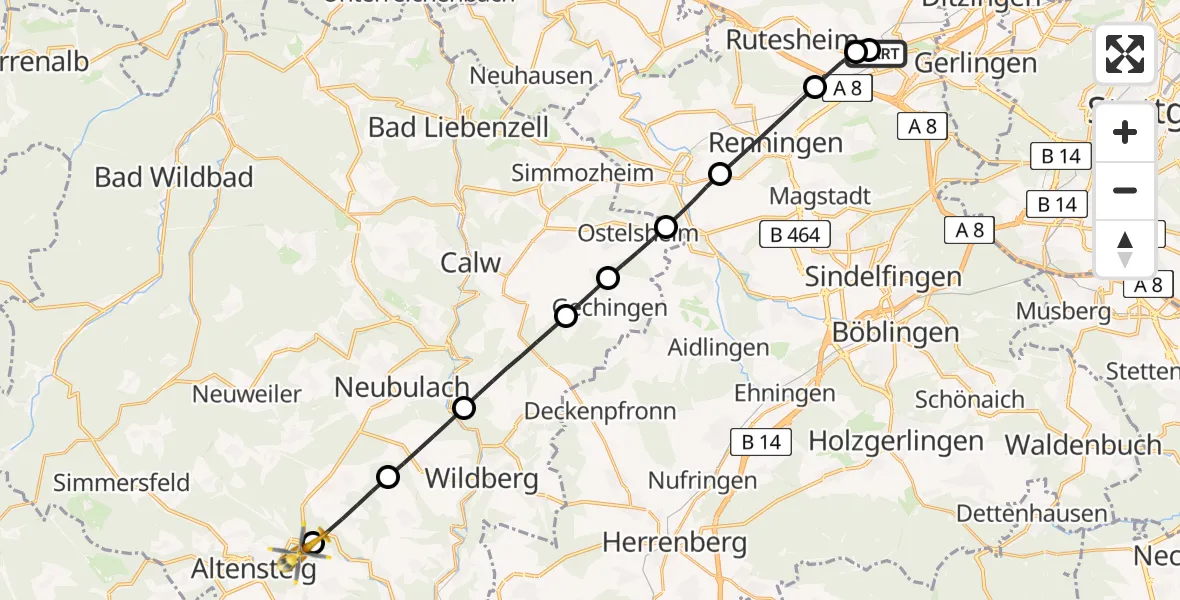 Flugroute Rettungshubschrauber Leonberg Hospital - Altensteig, 05 Juli 2026, 15:14
