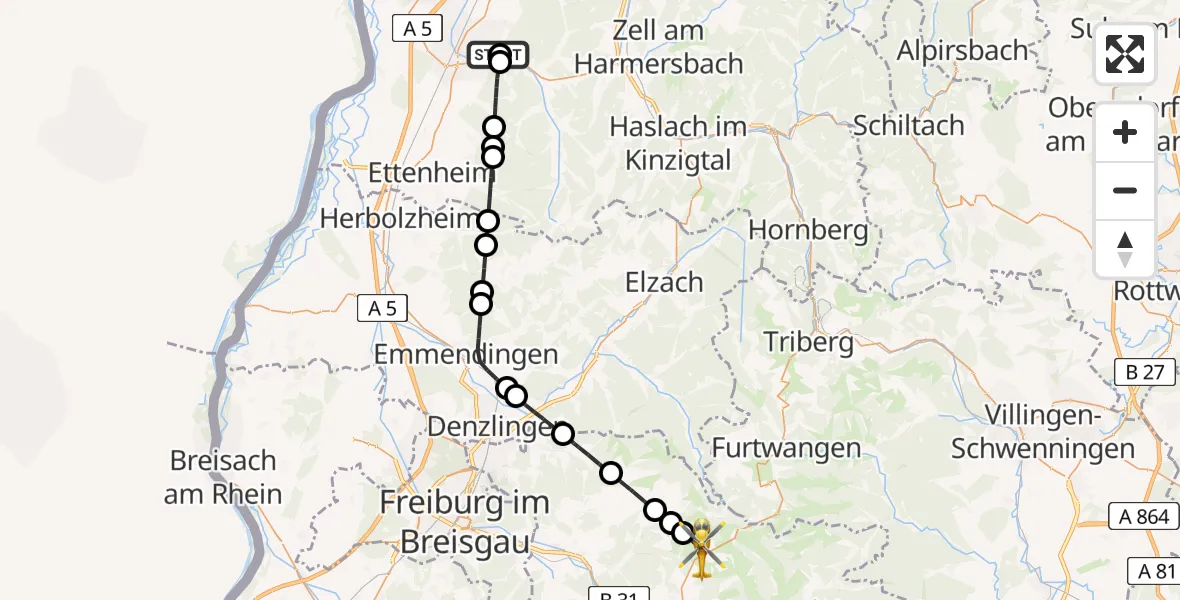 Flugroute Rettungshubschrauber Ortenau Hospital Lahr-Ettenheim - St. Märgen, 05 Juli 2026, 15:16