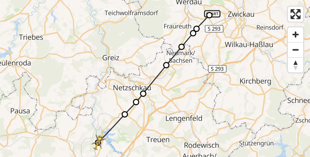 Flugroute Rettungshubschrauber ADAC Air Rescue Station Zwickau Hubschrauberlandeplatz - Plauen, 05 Juli 2026, 15:17