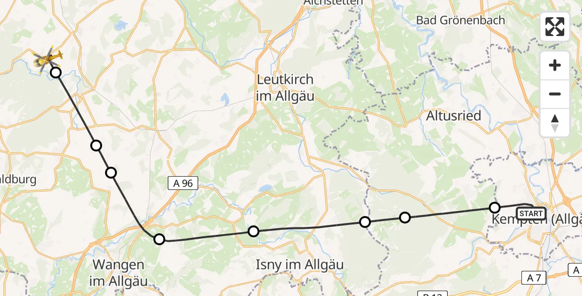Flugroute Rettungshubschrauber Kempten (Allgäu) - Bergatreute, 05 Juli 2026, 15:26