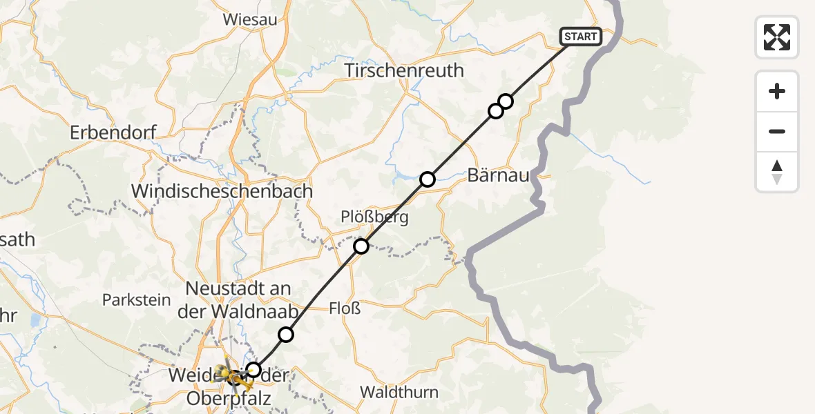 Flugroute Rettungshubschrauber Mähring - Weiden Hospital, 05 Juli 2026, 15:28