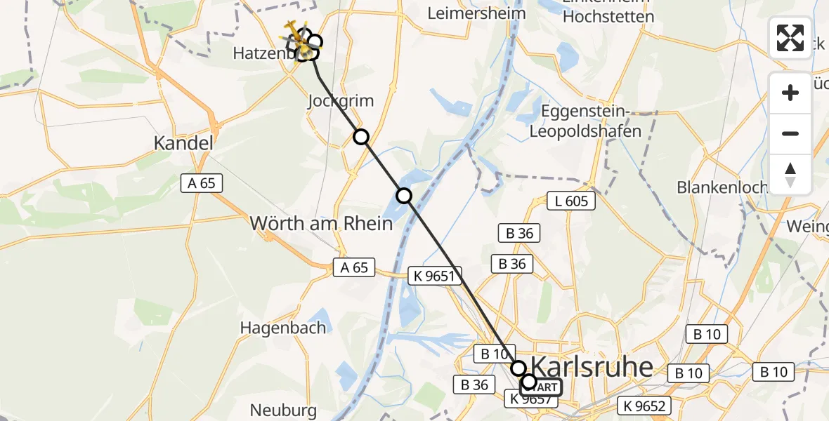 Flugroute Ambulanzhubschrauber Sankt Vincentius Hospital - Hatzenbühl, 05 Juli 2026, 15:29