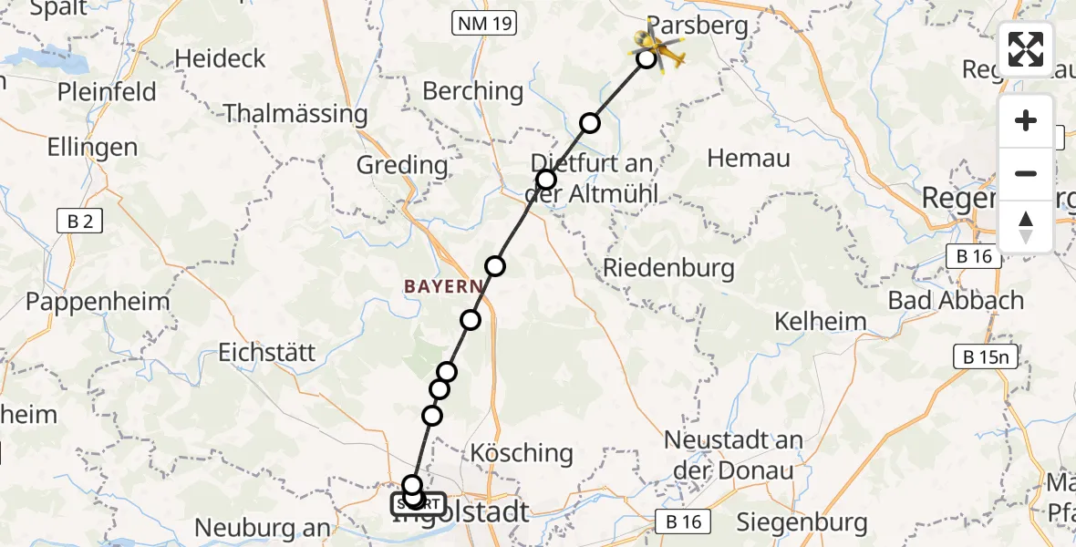 Flugroute Rettungshubschrauber Ingolstadt Hospital - Seubersdorf i.d.OPf., 05 Juli 2026, 15:30