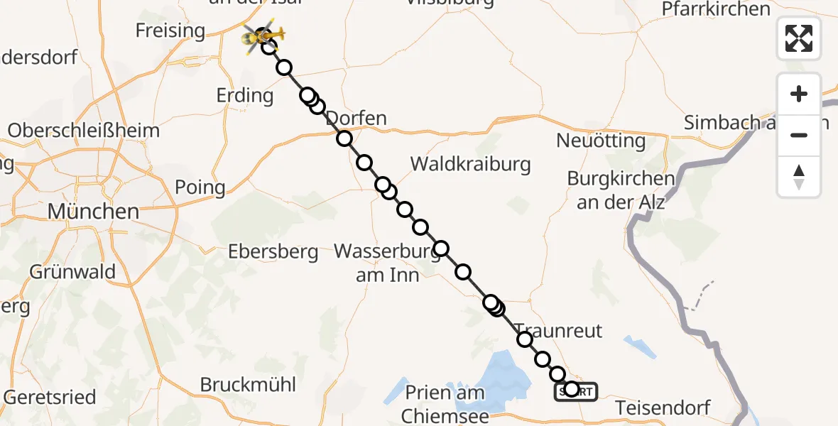Flugroute Rettungshubschrauber Traunstein Hospital - Wartenberg, 05 Juli 2026, 15:36