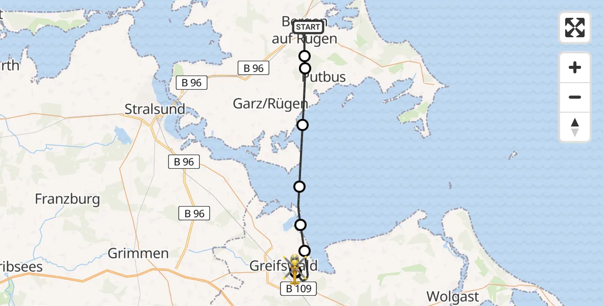 Flugroute Rettungshubschrauber Bergen auf Rügen - Greifswald Hospital, 05 Juli 2026, 15:37