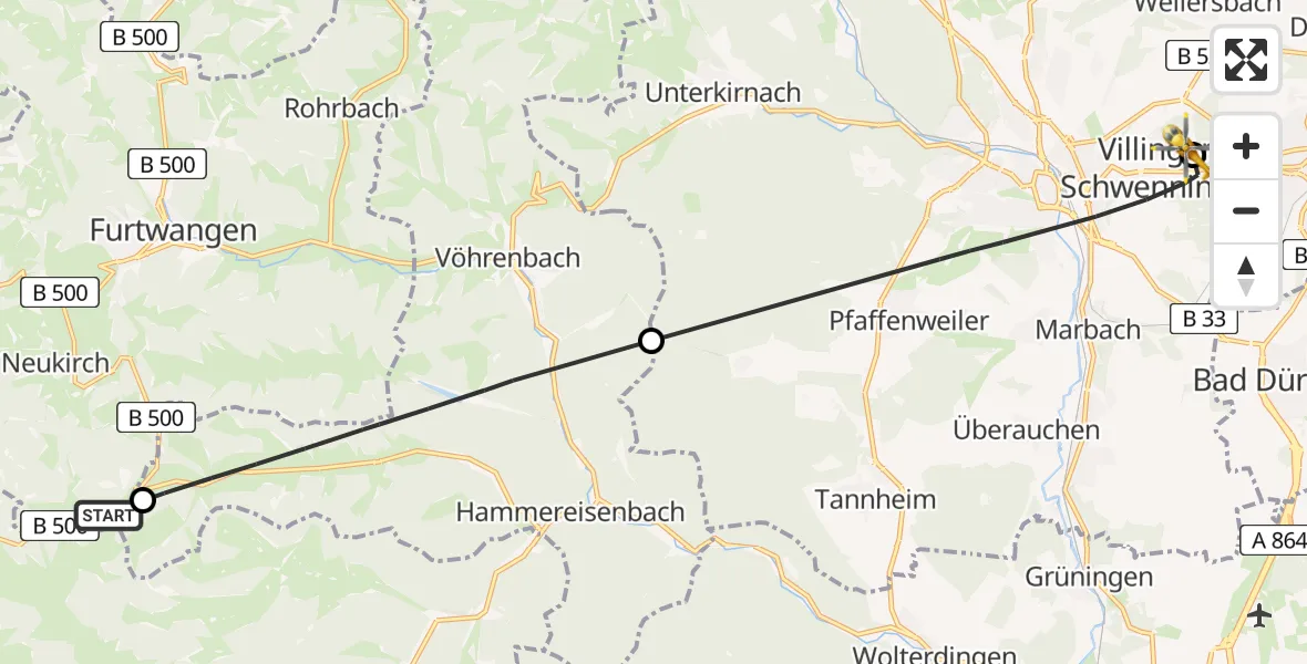 Flugroute Ambulanzhubschrauber Furtwangen im Schwarzwald - DRF Air Rescue Station Villingen-Schwenningen Hubschrauberlandeplatz (Christoph 11), 05 Juli 2026, 15:48