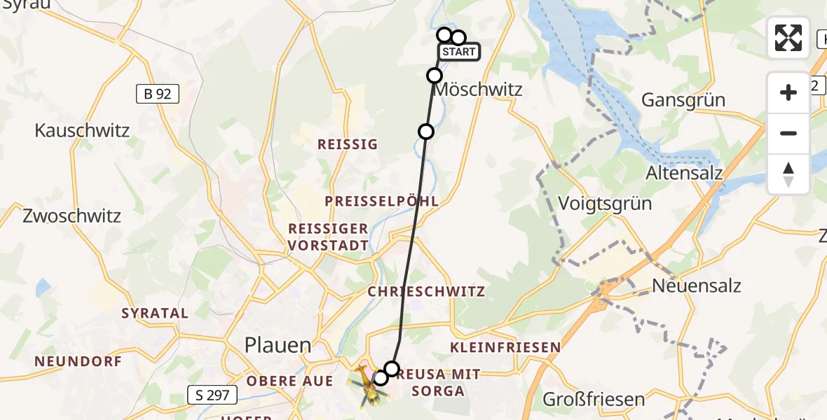 Flugroute Rettungshubschrauber Plauen - Helios Clinic Plauen, 05 Juli 2026, 15:49