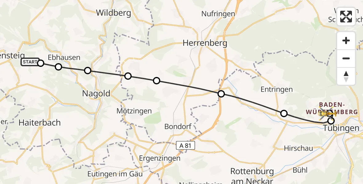 Flugroute Rettungshubschrauber Egenhausen - Tübingen Trauma Hospital, 05 Juli 2026, 15:53