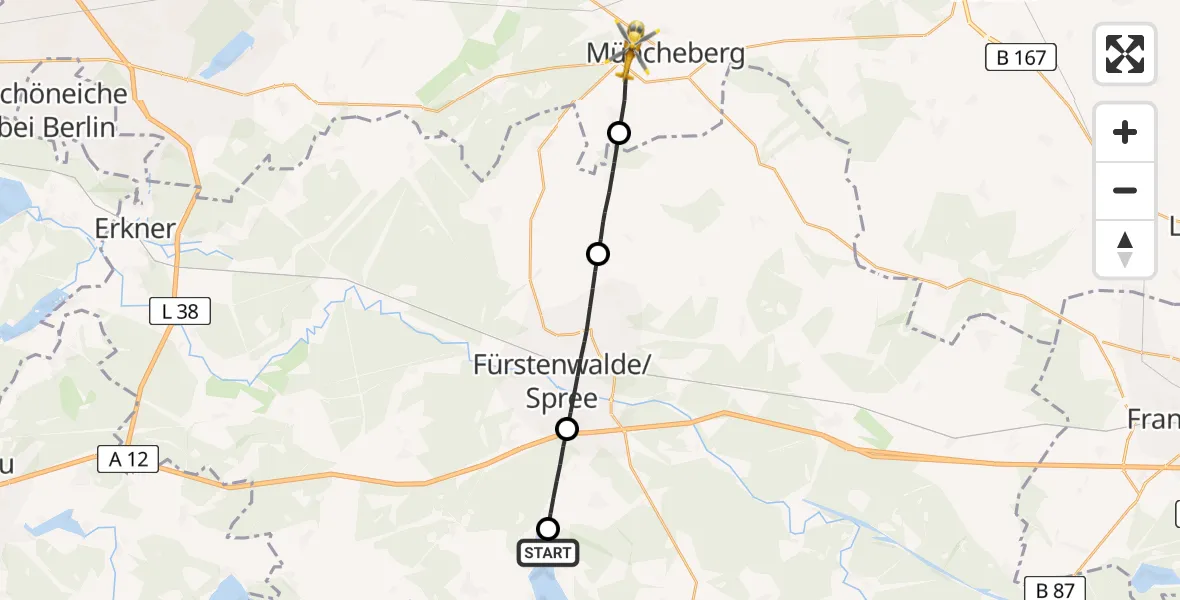Flugroute Rettungshubschrauber Bad Saarow Hospital - Müncheberg, 05 Juli 2026, 15:55