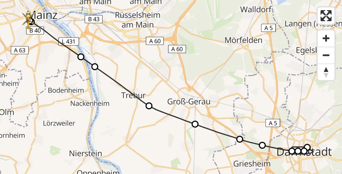 Flugroute Rettungshubschrauber Darmstadt Hospital - Mainz University Hospital, 05 Juli 2026, 16:02