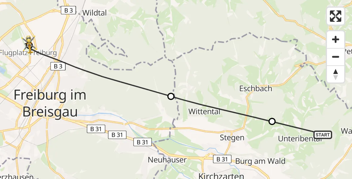 Flugroute Rettungshubschrauber Buchenbach - Freiburg im Breisgau Flugplatz, 05 Juli 2026, 16:03