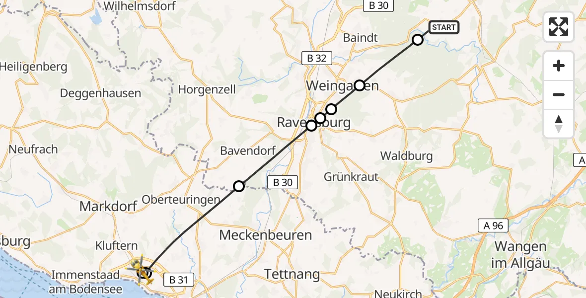 Flugroute Rettungshubschrauber Bergatreute - Friedrichshafen Hospital, 05 Juli 2026, 16:06