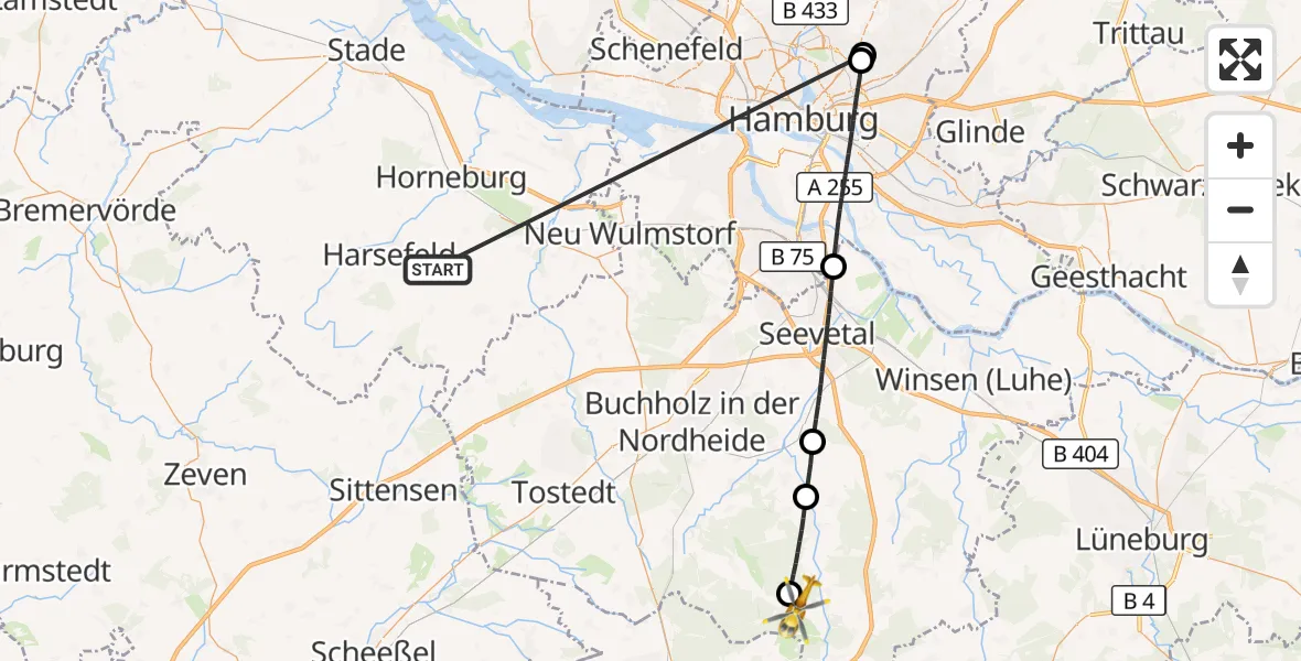 Flugroute Rettungshubschrauber Harsefeld - Undeloh, 05 Juli 2026, 16:10