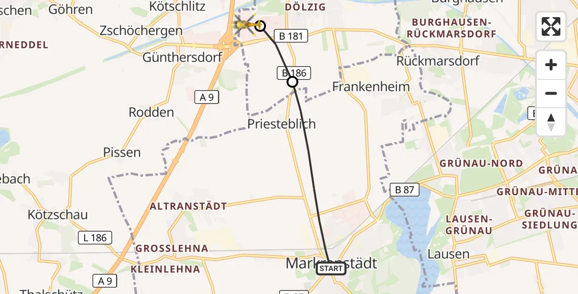 Flugroute Rettungshubschrauber Markranstädt - ADAC Air Rescue Station Leipzig/Schkeuditz-Dölzig Hubschrauberlandeplatz (Christoph 61), 05 Juli 2026, 16:11