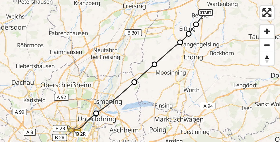 Flugroute Rettungshubschrauber Berglern - München, 05 Juli 2026, 16:15