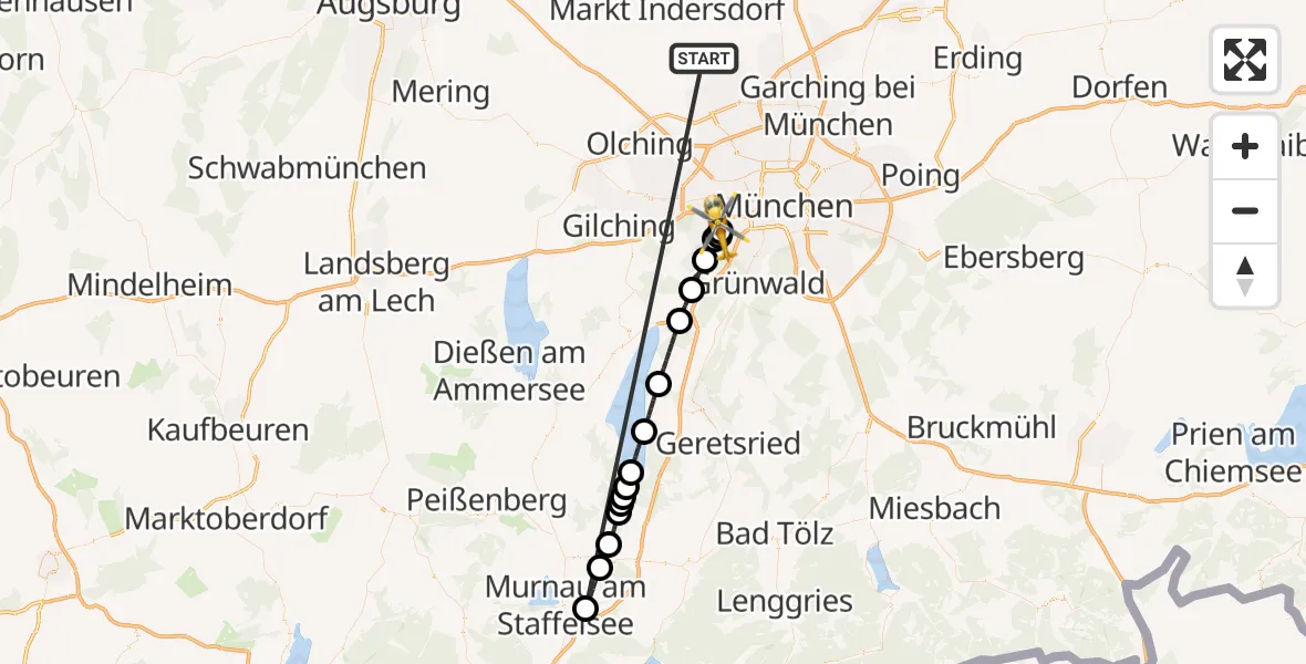 Flugroute Rettungshubschrauber Röhrmoos - DRF Air Rescue München Hubschrauberlandeplatz, 05 Juli 2026, 16:18