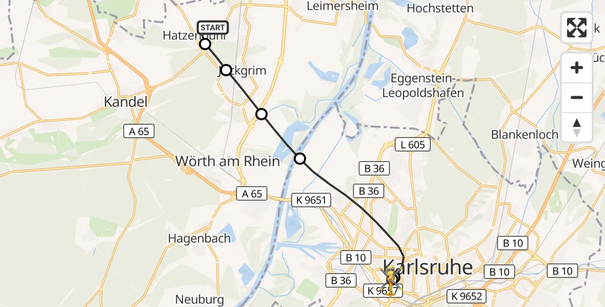 Flugroute Ambulanzhubschrauber Hatzenbühl - Sankt Vincentius Hospital, 05 Juli 2026, 16:21