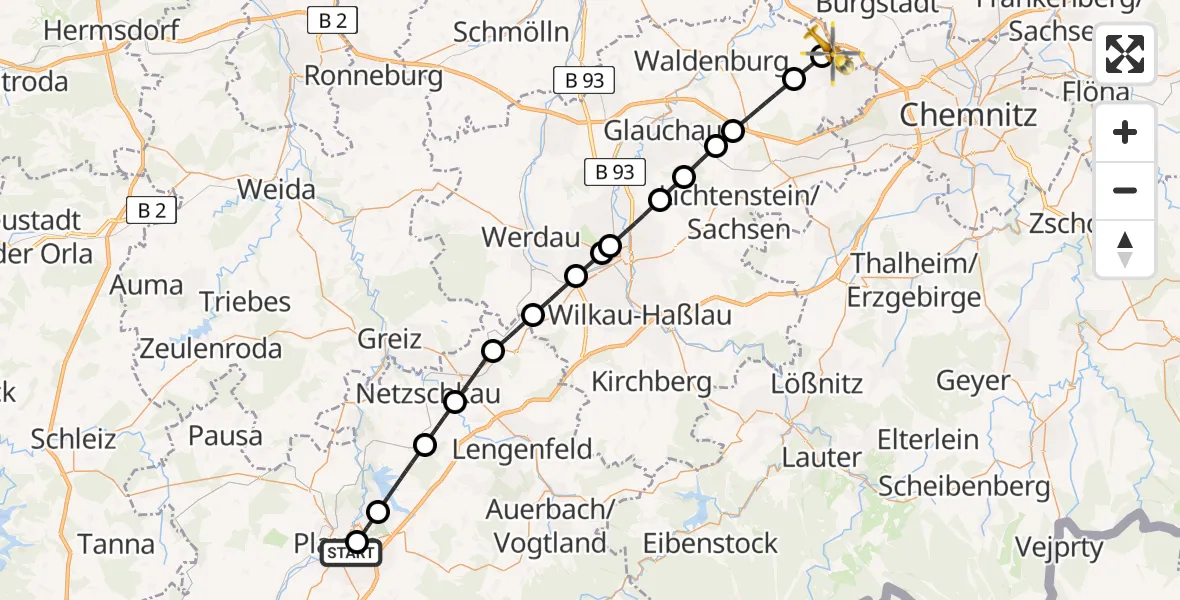 Flugroute Rettungshubschrauber Helios Clinic Plauen - Niederfrohna, 05 Juli 2026, 16:21