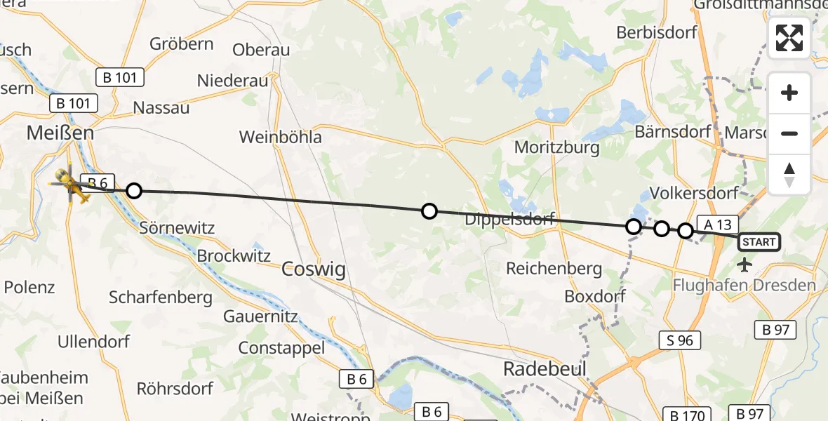 Flugroute Rettungshubschrauber Dresden Flughafen - Meißen, 05 Juli 2026, 16:35