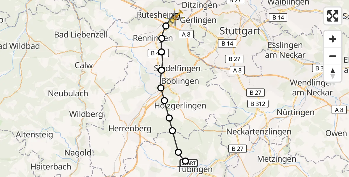 Flugroute Rettungshubschrauber Tübingen Trauma Hospital - Leonberg Hospital, 05 Juli 2026, 16:39