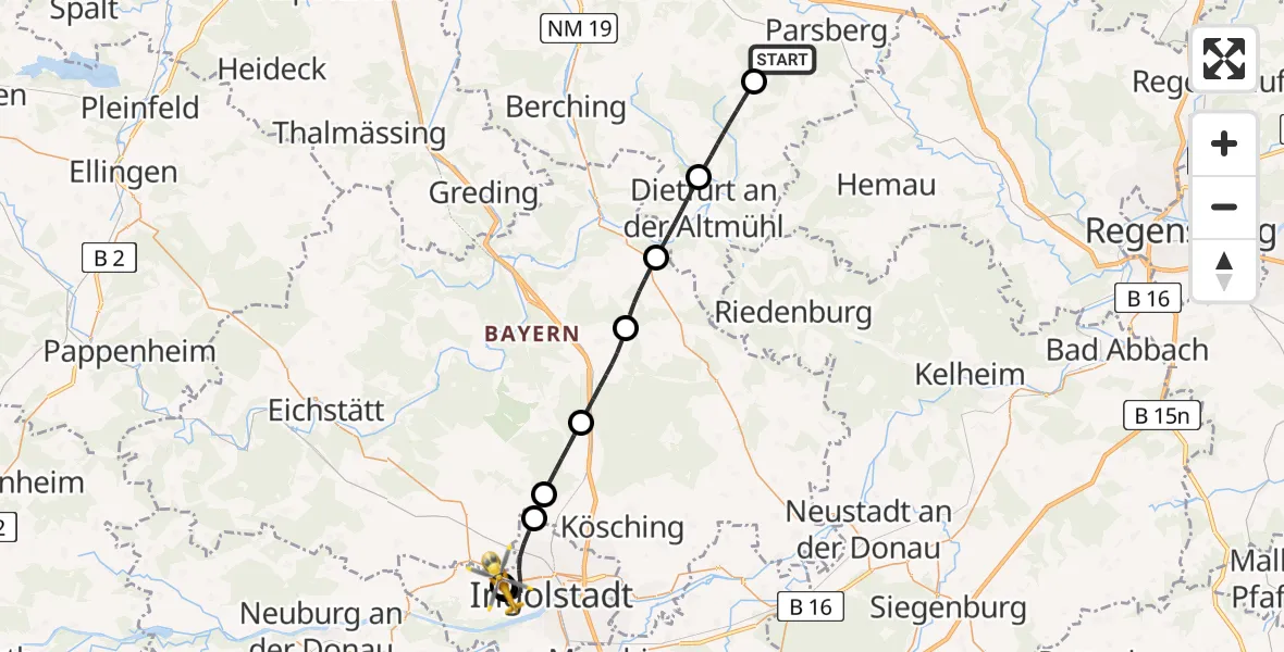 Flugroute Rettungshubschrauber Seubersdorf i.d.OPf. - Ingolstadt Hospital, 05 Juli 2026, 16:40