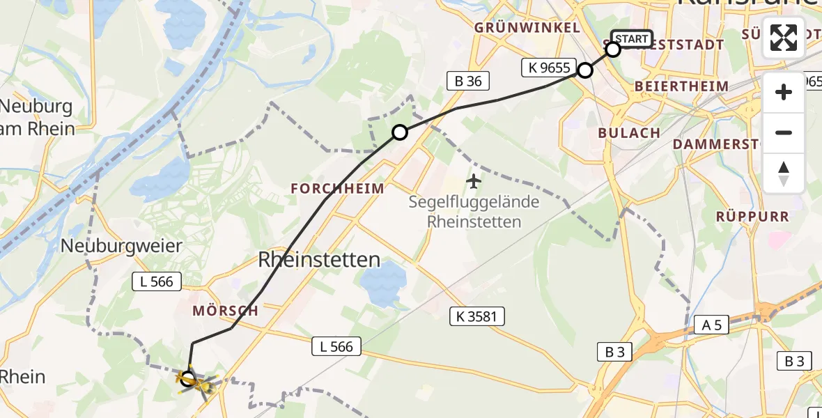 Flugroute Ambulanzhubschrauber Sankt Vincentius Hospital - Durmersheim, 05 Juli 2026, 16:59