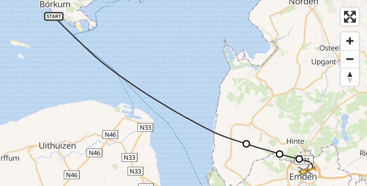 Flugroute Ambulanzhubschrauber Noordzee - Emden, 05 Juli 2026, 17:02
