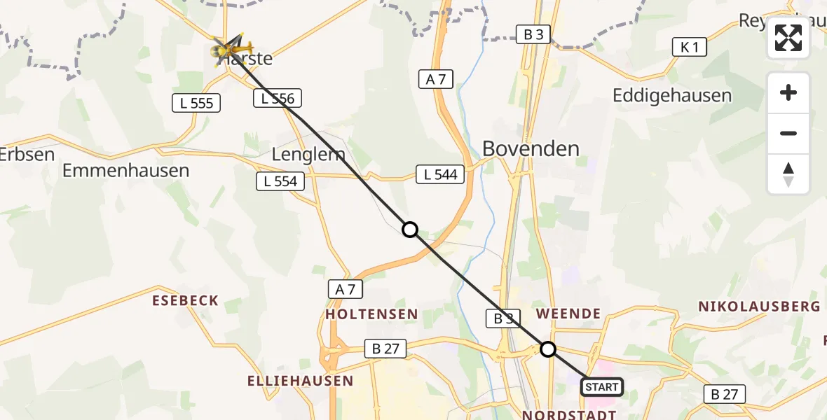 Flugroute Rettungshubschrauber Göttingen University Clinic Hubschrauberlandeplatz - Bovenden, 05 Juli 2026, 17:06