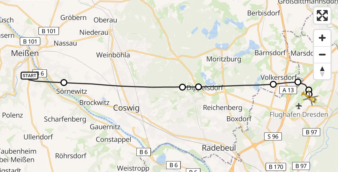 Flugroute Rettungshubschrauber Meißen - Dresden Bundespolizei Hubschrauberlandeplatz, 05 Juli 2026, 17:08