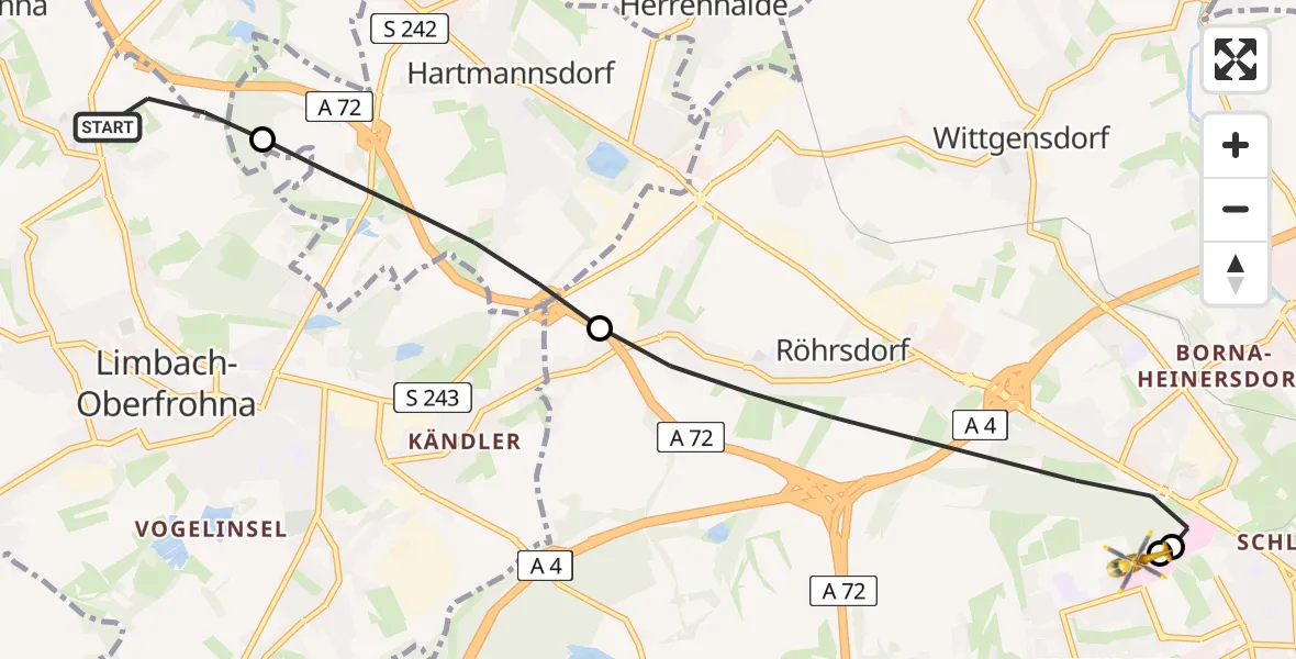 Flugroute Rettungshubschrauber Niederfrohna - Flemmingstraße Hospital Rooftop, 05 Juli 2026, 17:08