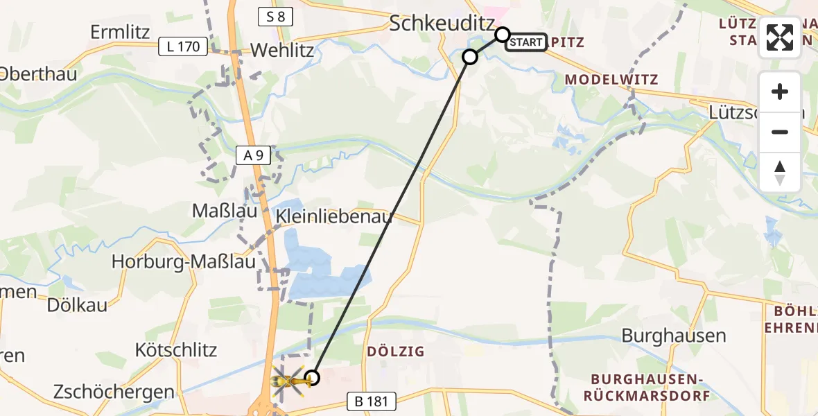 Flugroute Rettungshubschrauber Schkeuditz - ADAC Air Rescue Station Leipzig/Schkeuditz-Dölzig Hubschrauberlandeplatz (Christoph 61), 05 Juli 2026, 17:28