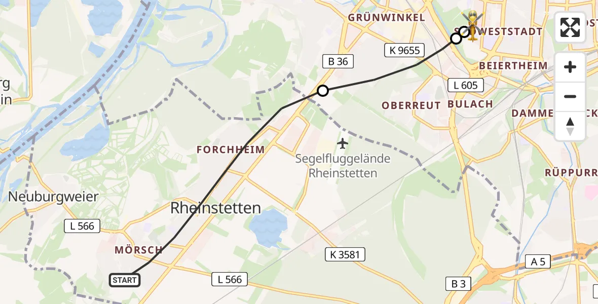 Flugroute Ambulanzhubschrauber Rheinstetten - Sankt Vincentius Hospital, 05 Juli 2026, 17:29