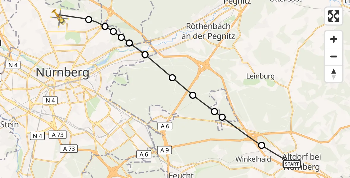 Flugroute Ambulanzhubschrauber Altdorf b.Nürnberg - Flughafen Nuremberg, 05 Juli 2026, 17:35