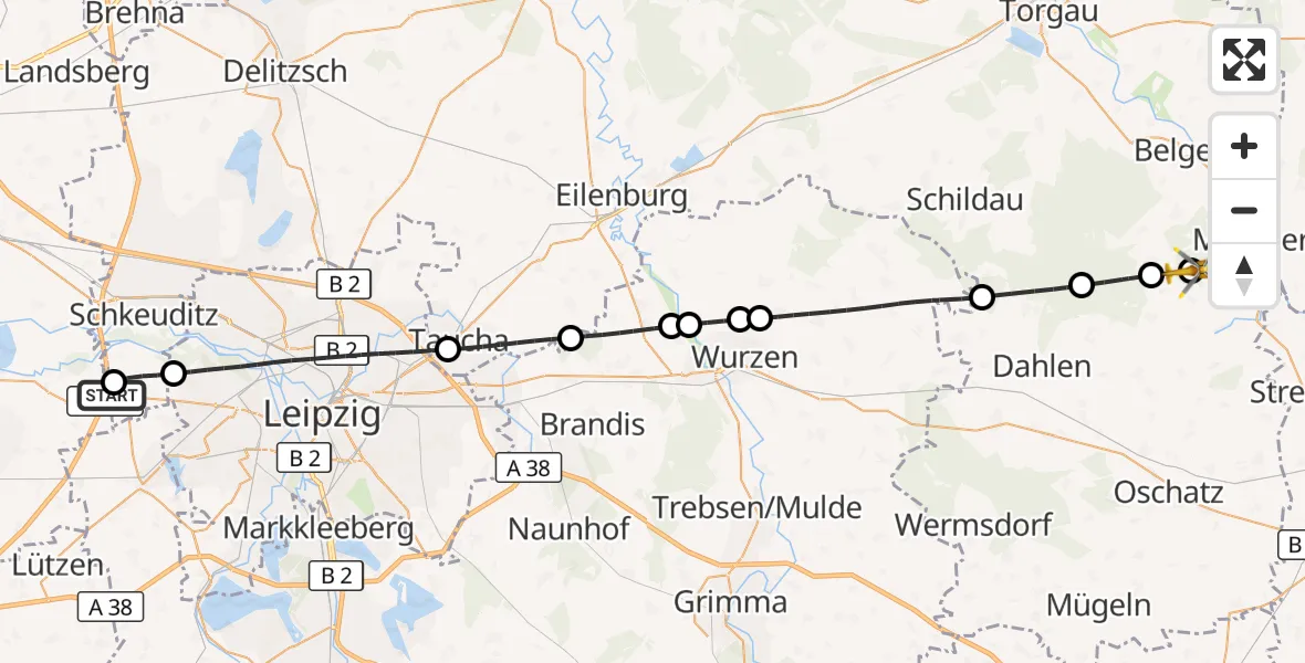 Flugroute Rettungshubschrauber ADAC Air Rescue Station Leipzig/Schkeuditz-Dölzig Hubschrauberlandeplatz (Christoph 61) - Cavertitz, 05 Juli 2026, 17:41
