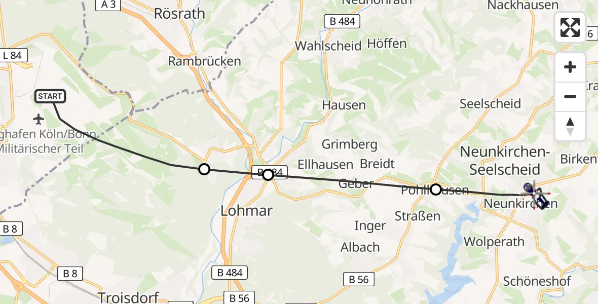 Flugroute Polizeihubschrauber Köln Bonn Flughafen - Neunkirchen-Seelscheid, 05 Juli 2026, 17:42
