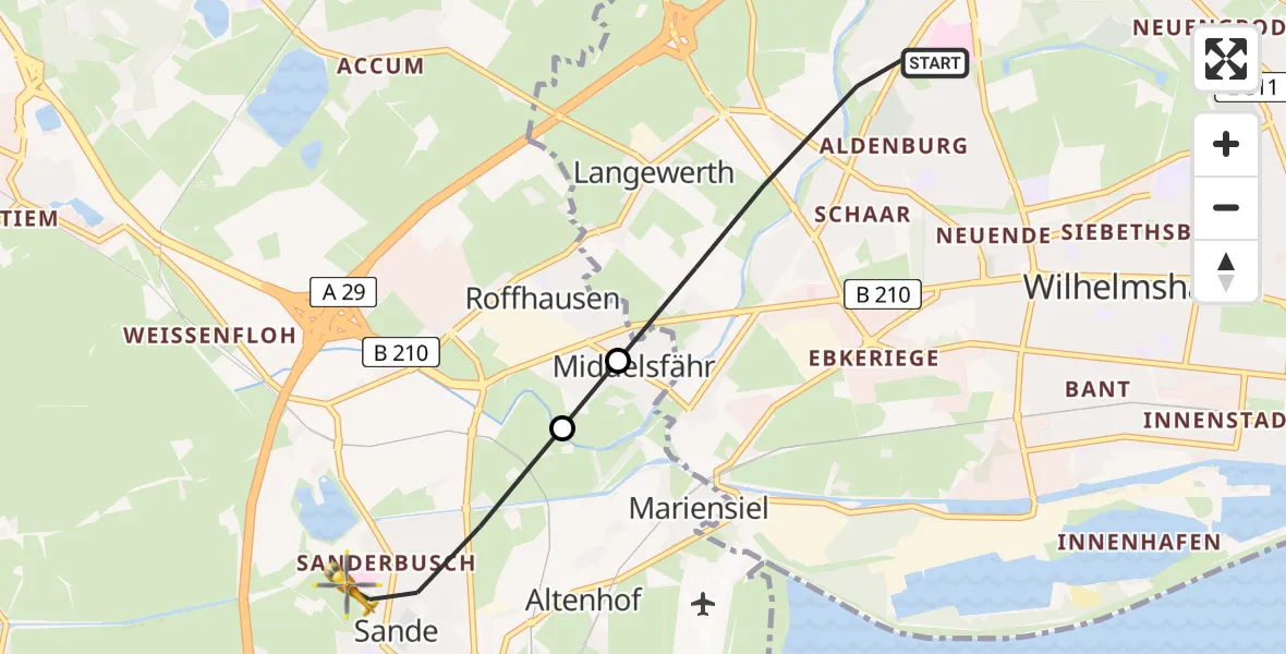 Flugroute Rettungshubschrauber Wilhelmshaven - Sande, 05 Juli 2026, 17:49