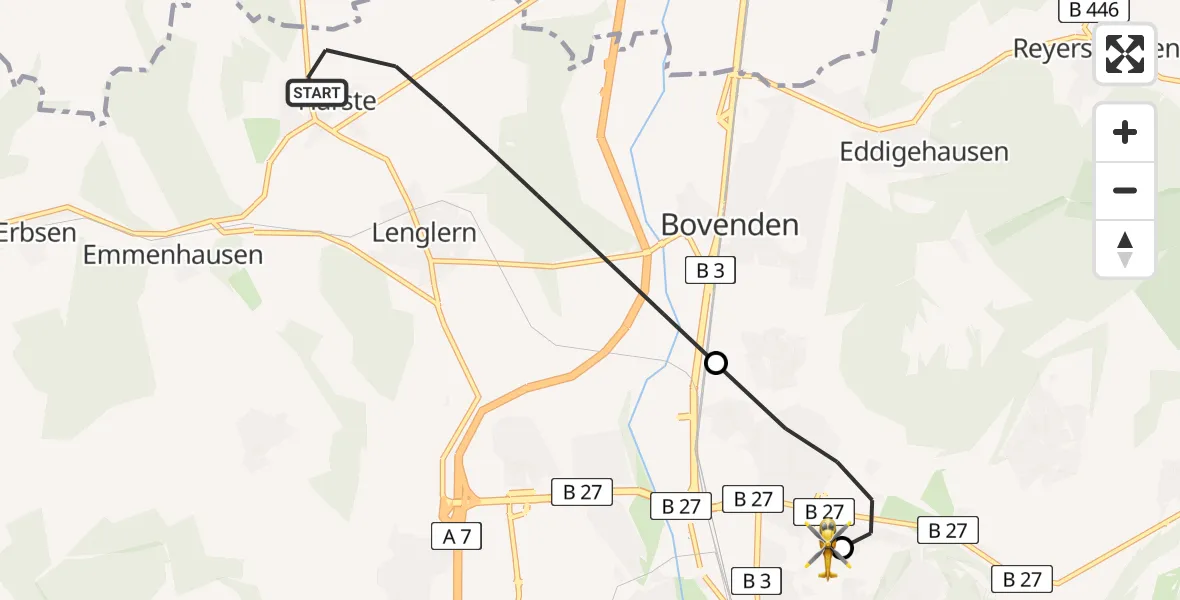 Flugroute Rettungshubschrauber Bovenden - Göttingen University Clinic Hubschrauberlandeplatz, 05 Juli 2026, 17:50
