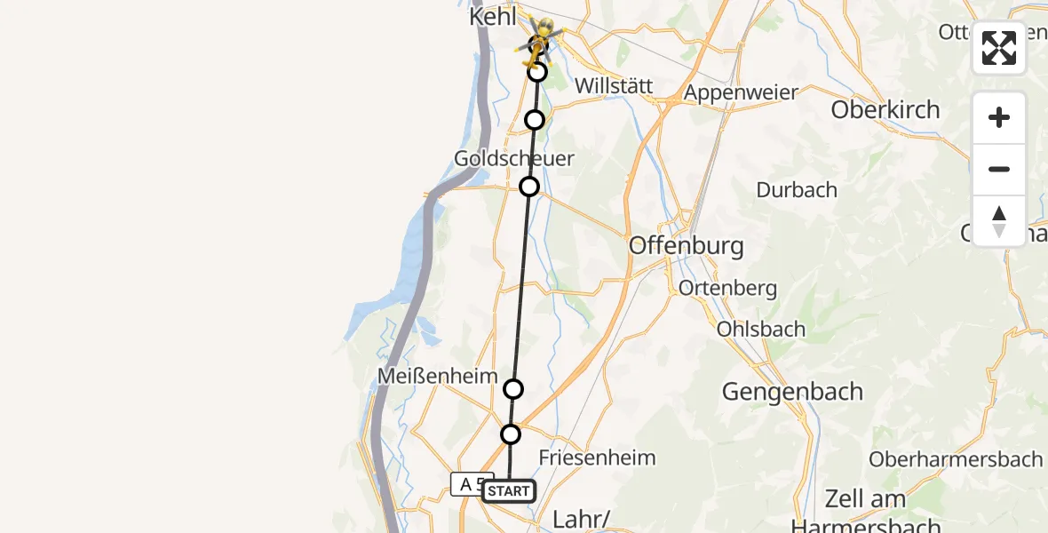 Flugroute Rettungshubschrauber Lahr Flughafen - Kehl-Sundheim Flugplatz, 05 Juli 2026, 17:52