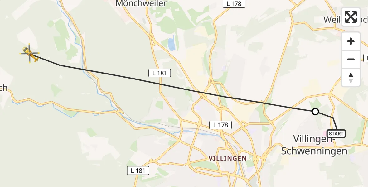 Flugroute Ambulanzhubschrauber DRF Air Rescue Station Villingen-Schwenningen Hubschrauberlandeplatz (Christoph 11) - Villingen-Schwenningen, 05 Juli 2026, 17:52