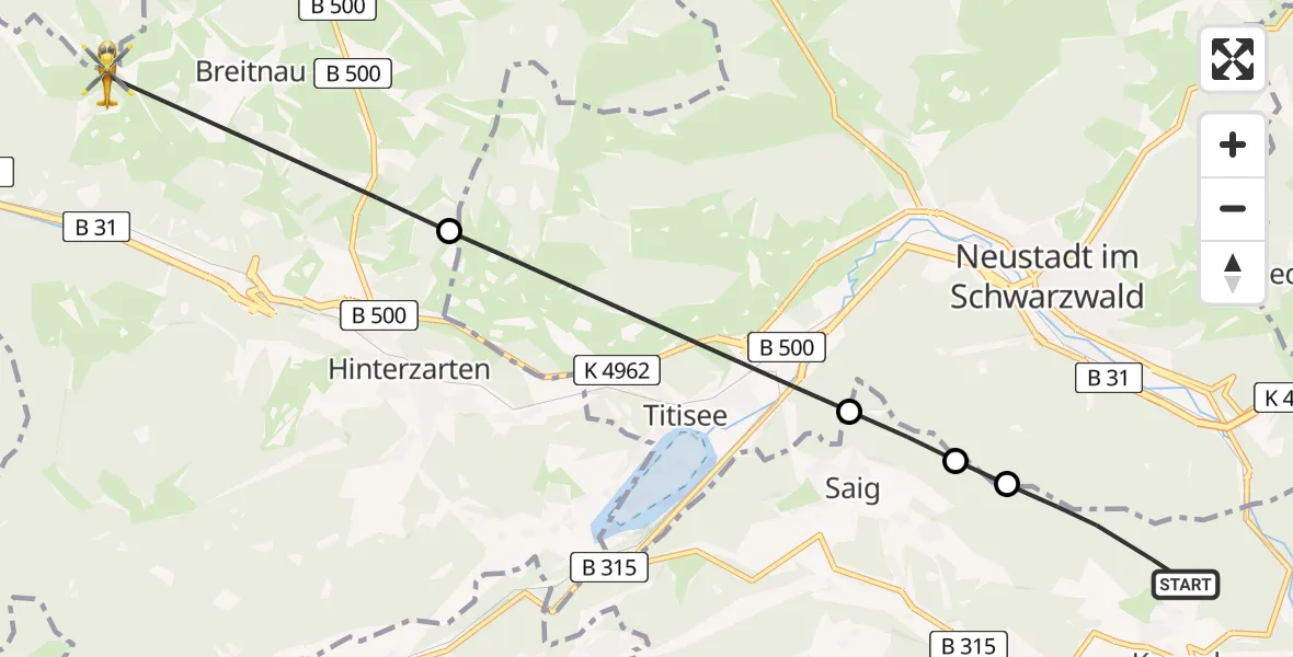 Flugroute Rettungshubschrauber Lenzkirch - Breitnau, 05 Juli 2026, 18:06