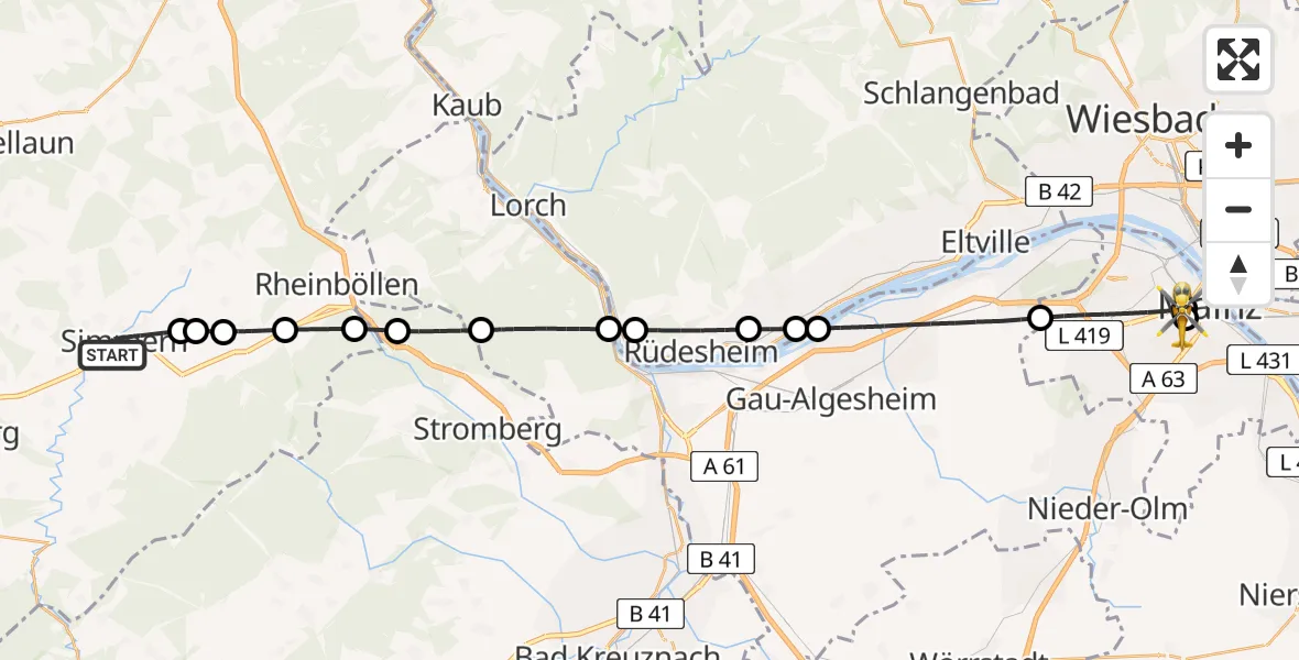 Flugroute Rettungshubschrauber Simmern/Hunsrück - Mainz University Hospital, 05 Juli 2026, 18:11
