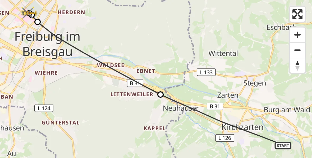 Flugroute Rettungshubschrauber Kirchzarten - Freiburg University Hospital Heliport 1, 05 Juli 2026, 18:13