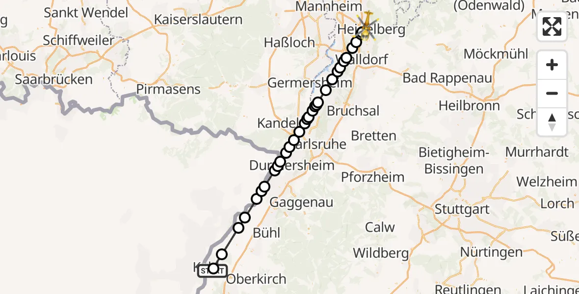 Flugroute Rettungshubschrauber Kehl-Sundheim Flugplatz - Heidelberg, 05 Juli 2026, 18:13