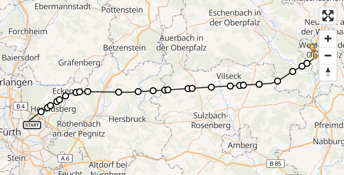 Flugroute Ambulanzhubschrauber Flughafen Nuremberg - Weiden i.d.OPf., 05 Juli 2026, 18:16