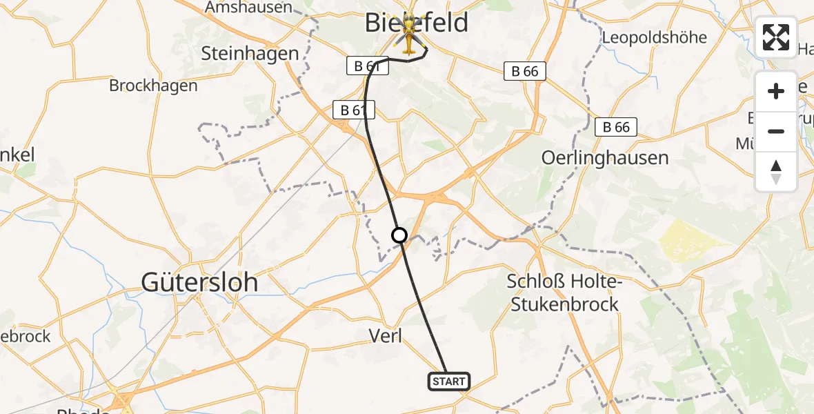 Flugroute Rettungshubschrauber Verl - Bielefeld, 05 Juli 2026, 18:18