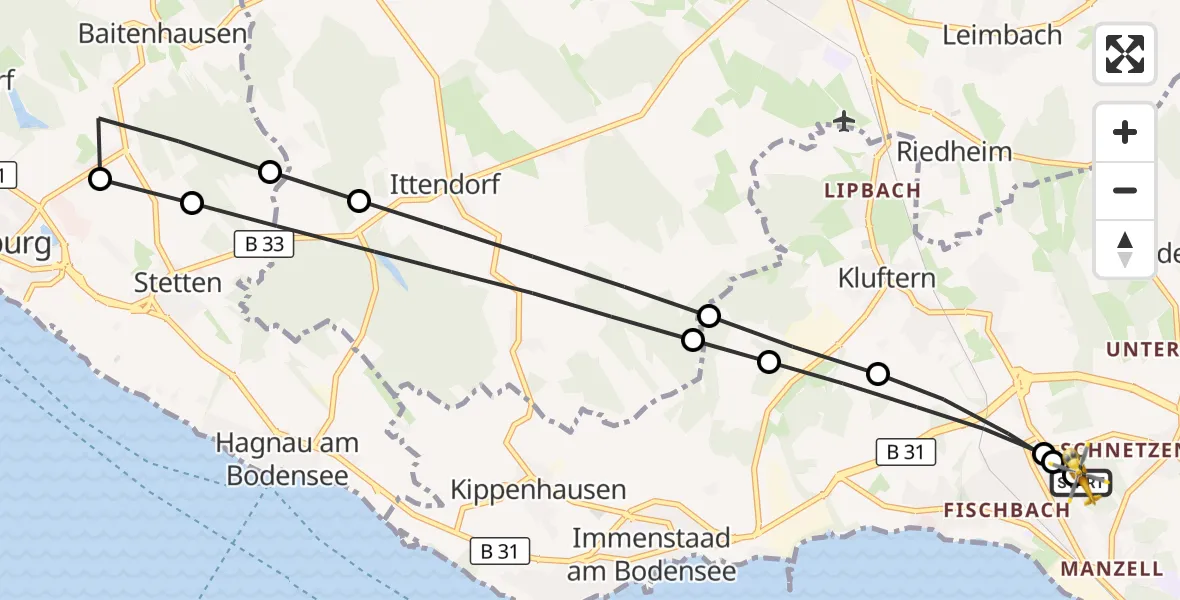 Flugroute Rettungshubschrauber Friedrichshafen Hospital - Friedrichshafen Hospital, 05 Juli 2026, 18:18