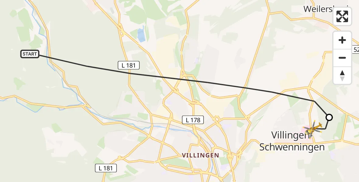 Flugroute Ambulanzhubschrauber Villingen-Schwenningen - DRF Air Rescue Station Villingen-Schwenningen Hubschrauberlandeplatz (Christoph 11), 05 Juli 2026, 18:20
