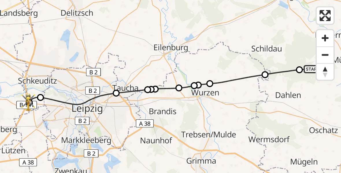 Flugroute Rettungshubschrauber Cavertitz - ADAC Air Rescue Station Leipzig/Schkeuditz-Dölzig Hubschrauberlandeplatz (Christoph 61), 05 Juli 2026, 18:29