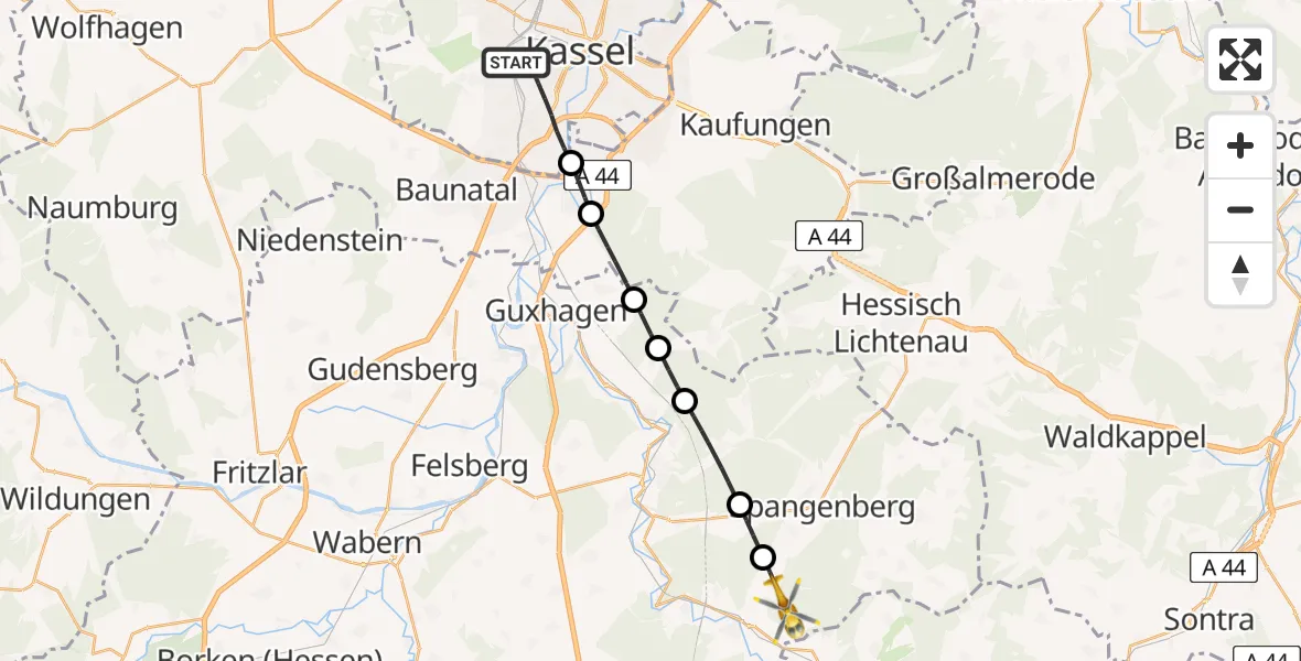 Flugroute Rettungshubschrauber Kassel - Morschen, 05 Juli 2026, 18:35